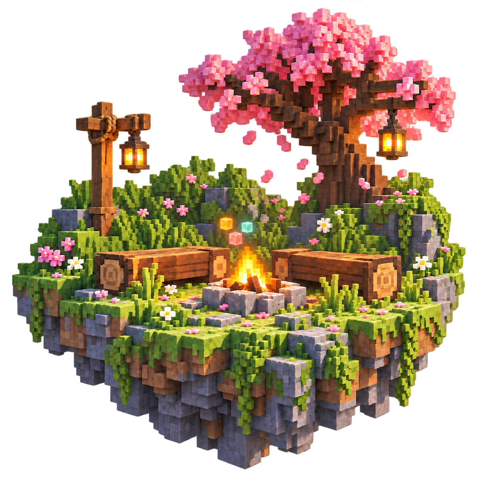 A campfire with log seats and lanterns on a floating grass island.