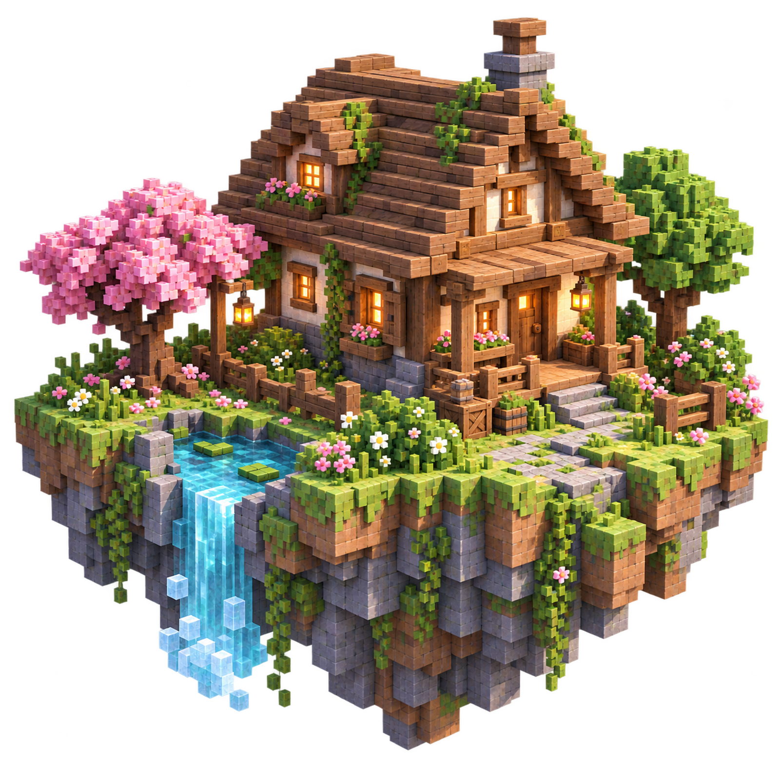 A small timber cottage on a floating grass island, a few blocks still hovering at the roof edge.