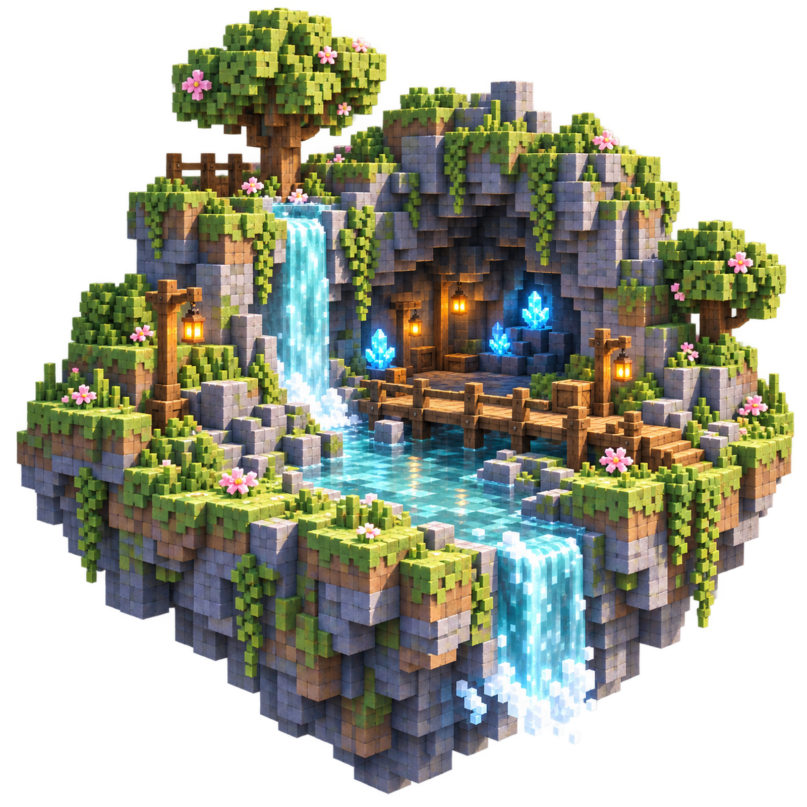 A cave mouth with a turquoise stream, crystals and grass on a floating island.