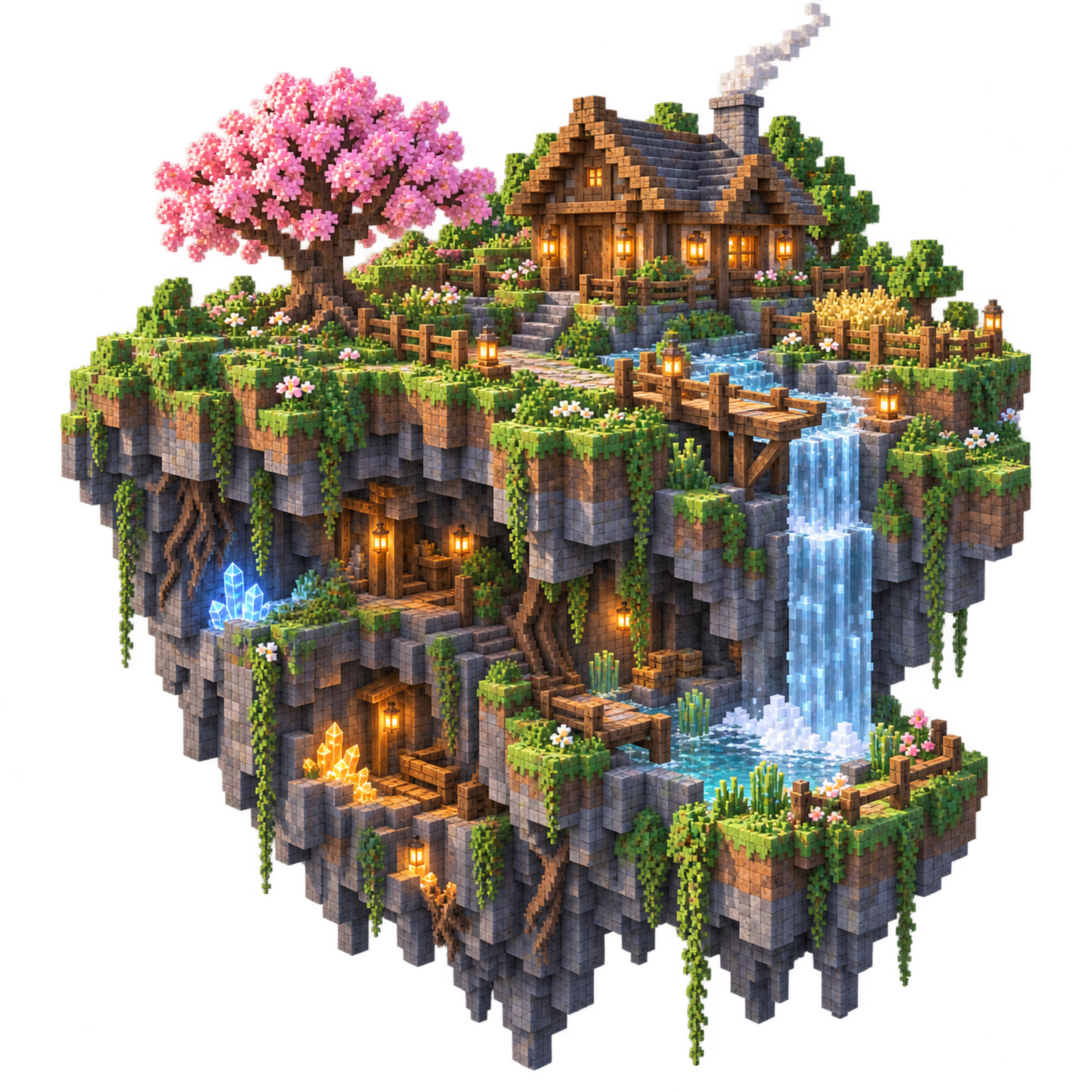 A floating voxel island: grass and a cottage on top, layered stone underneath with a glowing cavern.